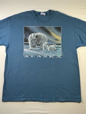Y2K Alaska Polar Bear Graphic T Shirt Mens XL Blue Port & Company Tee
